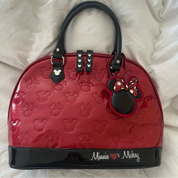 Loungefly Disney Minnie Loves Mickey Embossed Bag Purse Red Black New NWOT - Picture 2 of 13